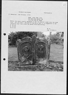 Photographs and research notes relating to graveyard monuments in Kirkurd Churchyard, Peeblesshire. 
