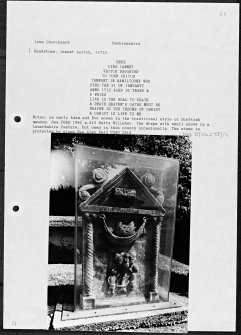 Photographs and research notes relating to graveyard monuments in Lyne Churchyard, Peeblesshire. 
