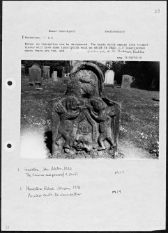 Photographs and research notes relating to graveyard monuments in Manor Churchyard, Peeblesshire. 
