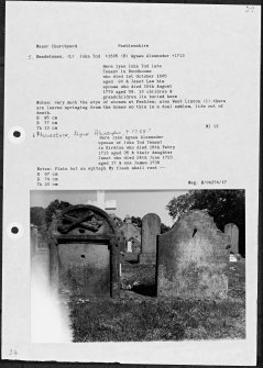 Photographs and research notes relating to graveyard monuments in Manor Churchyard, Peeblesshire. 
