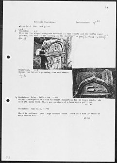 Photographs and research notes relating to graveyard monuments in Newlands Churchyard, Peeblesshire. 
