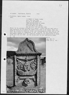 Photographs and research notes relating to graveyard monuments in St Andrew Churchyard, Peeblesshire. 
