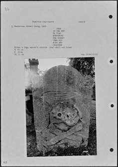 Photographs and research notes relating to graveyard monuments in Hamilton Churchyard, Lanarkshire. 
