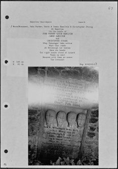 Photographs and research notes relating to graveyard monuments in Hamilton Churchyard, Lanarkshire. 
