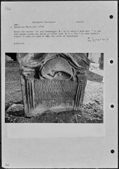 Photographs and research notes relating to graveyard monuments in Symington Churchyard, Lanarkshire. 
