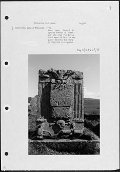 Photographs and research notes relating to graveyard monuments in Kilchousland Churchyard, Argyllshire and Bute. 
