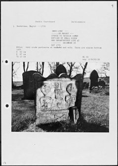 Photographs and research notes relating to graveyard monuments in Bunkle Churchyard, Berwickshire.