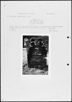 Photographs and research notes relating to graveyard monuments in Cockburnspath Churchyard, Berwickshire.