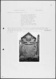 Photographs and research notes relating to graveyard monuments in Greenlaw Churchyard, Berwickshire.

