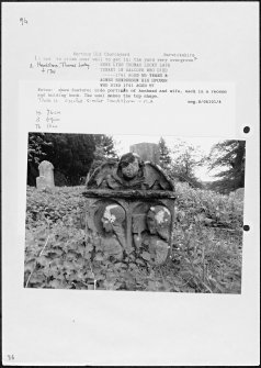 Photographs and research notes relating to graveyard monuments in Mertoun Old Churchyard, Berwickshire.