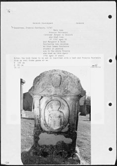 Photographs and research notes relating to graveyard monuments in Selkirk Churchyard, Selkirkshire.
