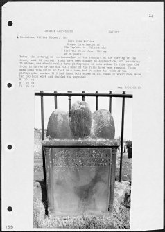 Photographs and research notes relating to graveyard monuments in Selkirk Churchyard, Selkirkshire.
