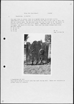 Photographs and research notes relating to graveyard monuments in Alva Old Churchyard, Clackmannanshire. 
