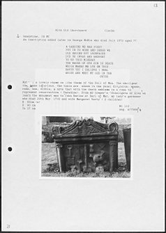 Photographs and research notes relating to graveyard monuments in Alva Old Churchyard, Clackmannanshire. 
