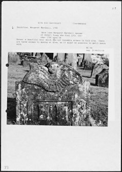 Photographs and research notes relating to graveyard monuments in Alva Old Churchyard, Clackmannanshire. 
