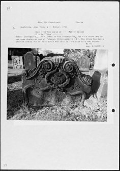 Photographs and research notes relating to graveyard monuments in Alva Old Churchyard, Clackmannanshire. 
