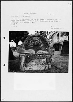 Photographs and research notes relating to graveyard monuments in Dollar Churchyard, Clackmannanshire. 
