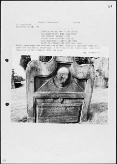 Photographs and research notes relating to graveyard monuments in Dollar Churchyard, Clackmannanshire. 
