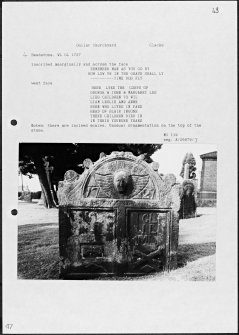 Photographs and research notes relating to graveyard monuments in Dollar Churchyard, Clackmannanshire. 
