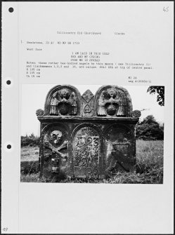 Photographs and research notes relating to graveyard monuments in Tillicoutry Old Churchyard, Clackmannanshire. 


