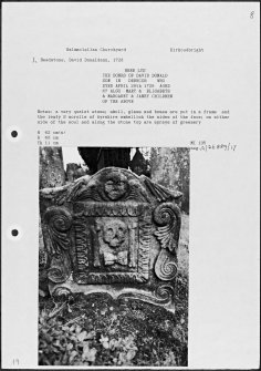 Photographs and research notes relating to graveyard monuments in Balmaclellan Churchyard, Kirkcudbrightshire. 
									