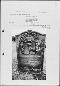 Photographs and research notes relating to graveyard monuments in Balmaclellan Churchyard, Kirkcudbrightshire. 									