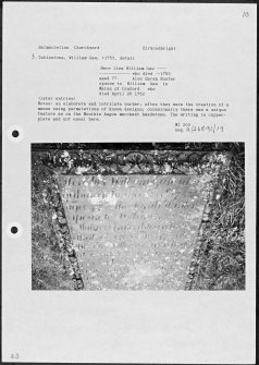 Photographs and research notes relating to graveyard monuments in Balmaclellan Churchyard, Kirkcudbrightshire. 								