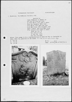 Photographs and research notes relating to graveyard monuments in Kirkandrews Churchyard, Kirkcudbrightshire. 

									