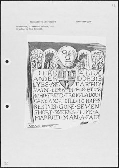 Photographs and research notes relating to graveyard monuments in Kirkandrews Churchyard, Kirkcudbrightshire. 
									