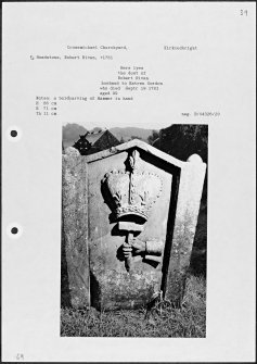 Photographs and research notes relating to graveyard monuments in Crossmichael Churchyard, Kirkcudbrightshire. 
									