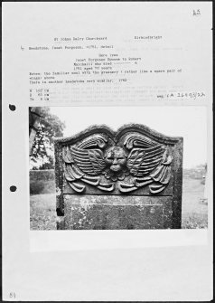 Photographs and research notes relating to graveyard monuments in St John's, Dalry Churchyard, Kirkcudbrightshire. 
									