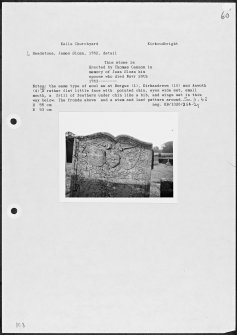 Photographs and research notes relating to graveyard monuments in Kells Churchyard, Kirkcudbrightshire. 
									