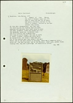 Photographs and research notes relating to graveyard monuments in Kells Churchyard, Kirkcudbrightshire. 
									