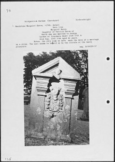 Photographs and research notes relating to graveyard monuments in Kirkpatrick Durham Churchyard, Kirkcudbrightshire. 
									