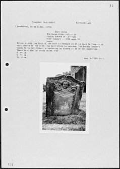 Photographs and research notes relating to graveyard monuments in Tongland Churchyard, Kirkcudbrightshire. 
									