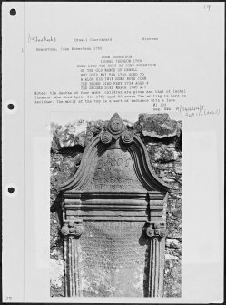 Photographs and research notes relating to graveyard monuments in Orwell Churchyard, Kinrossshire. 
