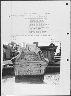 Photographs and research notes relating to graveyard monuments in Orwell Churchyard, Kinrossshire. 
