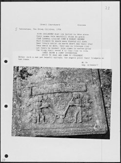 Photographs and research notes relating to graveyard monuments in Orwell Churchyard, Kinrossshire. 
