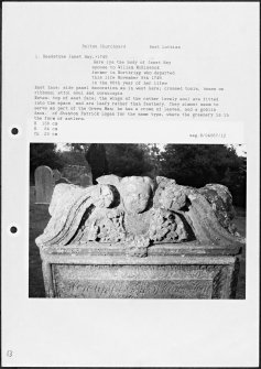 Photographs and research notes relating to graveyard monuments in Bolton Churchyard, East Lothian. 
