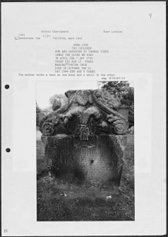 Photographs and research notes relating to graveyard monuments in Bolton Churchyard, East Lothian. 
