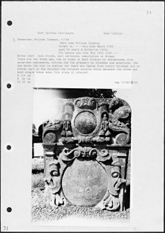 Photographs and research notes relating to graveyard monuments in East Saltoun Churchyard, East Lothian. 
