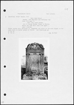 Photographs and research notes relating to graveyard monuments in Prestonkirk Churchyard, East Lothian. 
