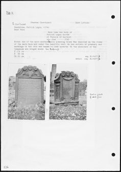 Photographs and research notes relating to graveyard monuments in Stenton Churchyard, East Lothian. 
