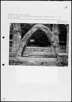 Photographs and research notes relating to graveyard monuments in Tyninghame Old Parish Churchyard, East Lothian. 
