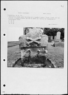 Photographs and research notes relating to graveyard monuments in Yester Churchyard, East Lothian. 
