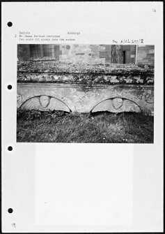 Photographs and research notes relating to graveyard monuments in Bedrule Churchyard, Roxburghshire. 
