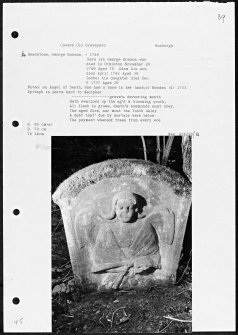 Photographs and research notes relating to graveyard monuments in Cavers Old Churchyard, Roxburghshire. 
