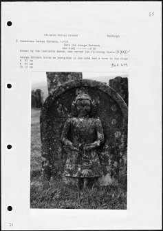 Photographs and research notes relating to graveyard monuments in Ettleton Burial Ground, Roxburghshire. 
