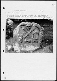 Photographs and research notes relating to graveyard monuments in Kelso Parish Churchyard, Roxburghshire. 
