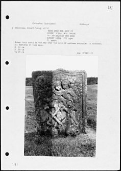 Photographs and research notes relating to graveyard monuments in Sprouston Churchyard, Roxburghshire. 
